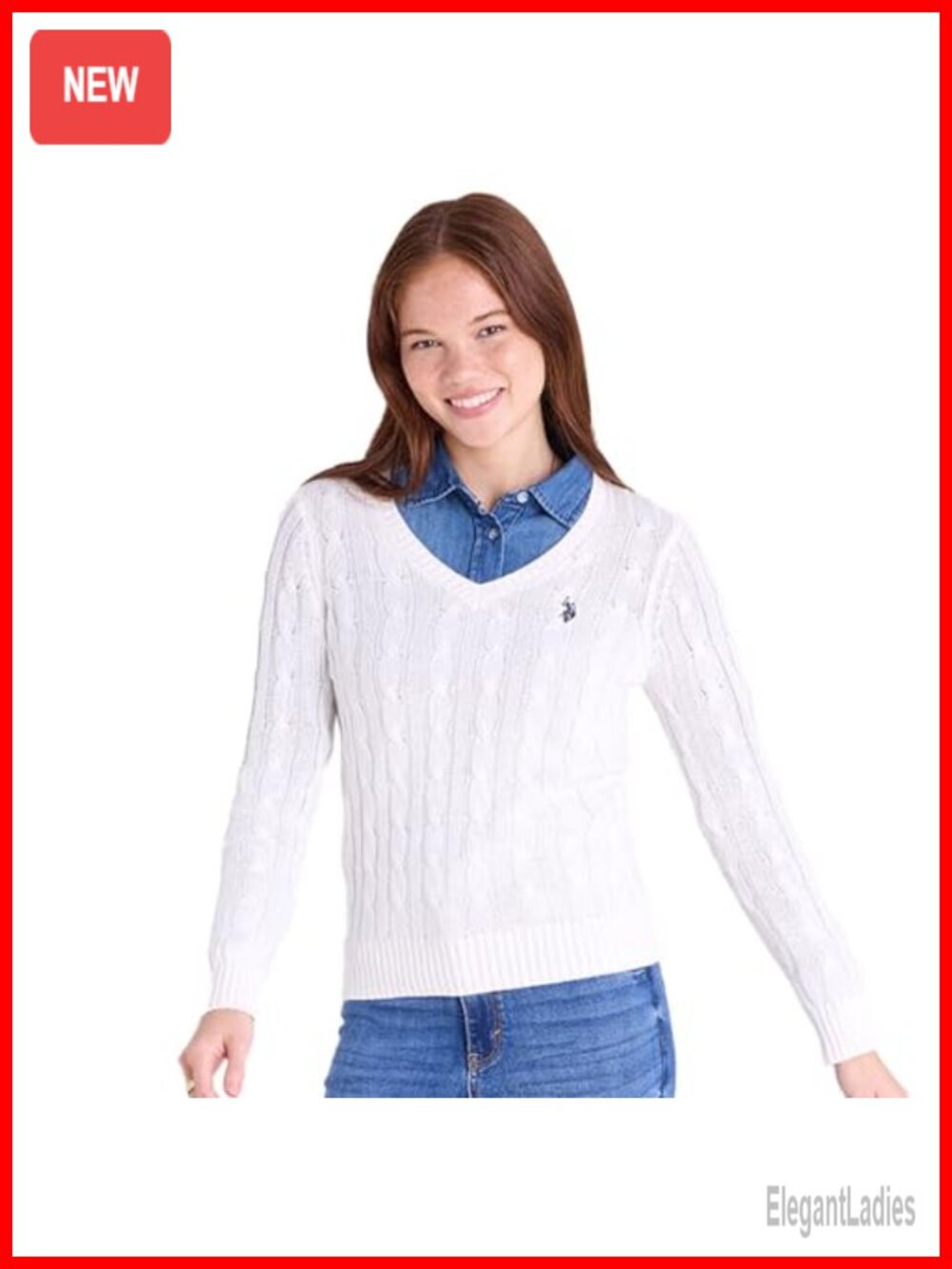 Cable Knit V-Neck Pullover Sweater with Ribbed Trims
